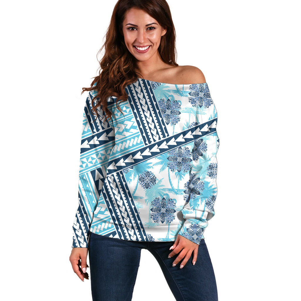 Hawaii Quilt Off Shoulder Sweater Kakau Polynesian Pattern Sky Blue Version LT01 Women Blue - Polynesian Pride