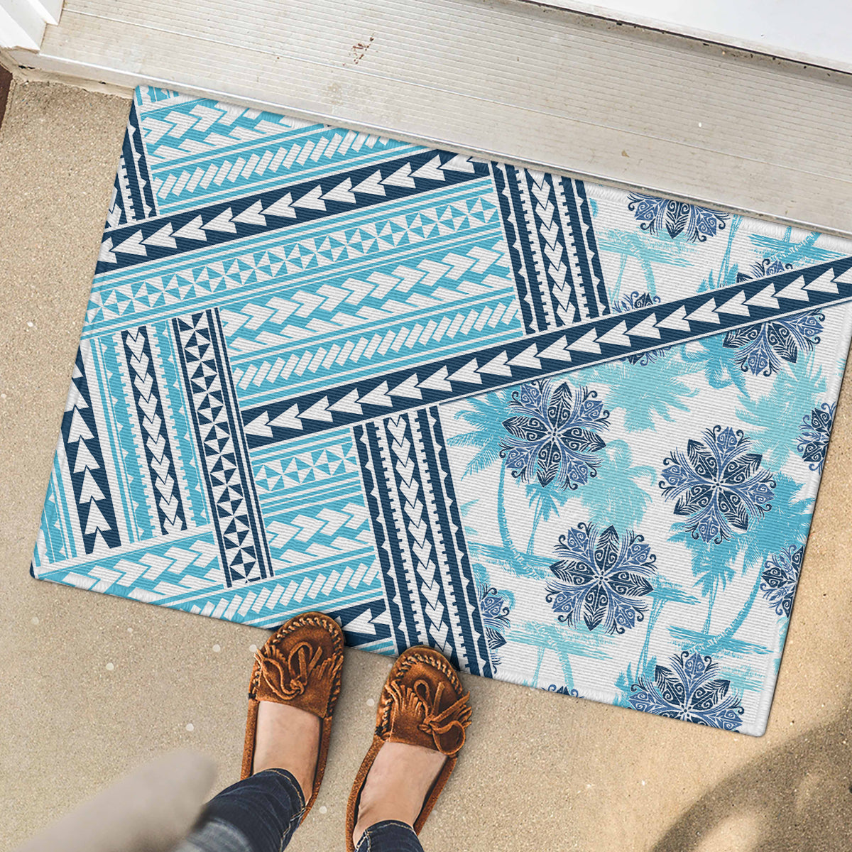 Hawaii Quilt Rubber Doormat Kakau Polynesian Pattern Sky Blue Version LT01 - Polynesian Pride