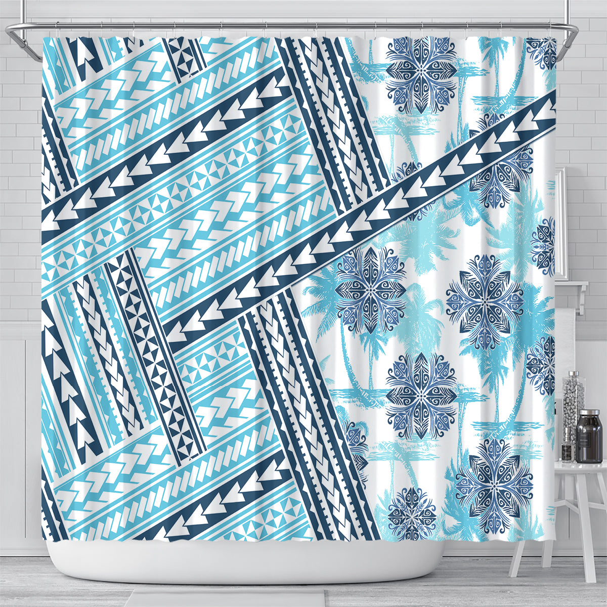 Hawaii Quilt Shower Curtain Kakau Polynesian Pattern Sky Blue Version LT01 - Polynesian Pride