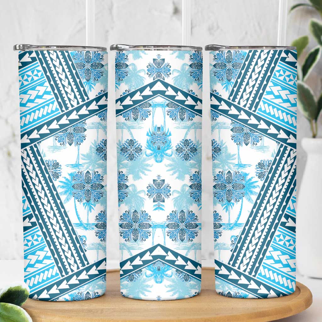 Hawaii Quilt Skinny Tumbler Kakau Polynesian Pattern Sky Blue Version