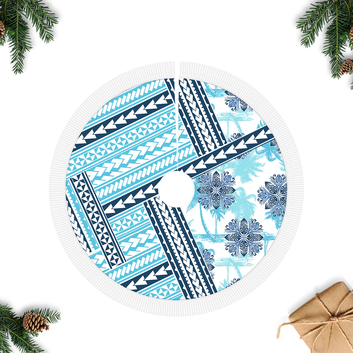 Hawaii Quilt Tree Skirt Kakau Polynesian Pattern Sky Blue Version LT01 Fringed Tree Skirts Blue - Polynesian Pride