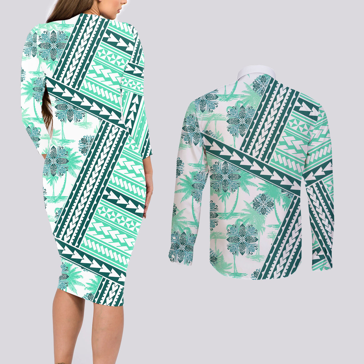 Hawaii Quilt Couples Matching Long Sleeve Bodycon Dress and Long Sleeve Button Shirt Kakau Polynesian Pattern Teal Version LT01 - Polynesian Pride
