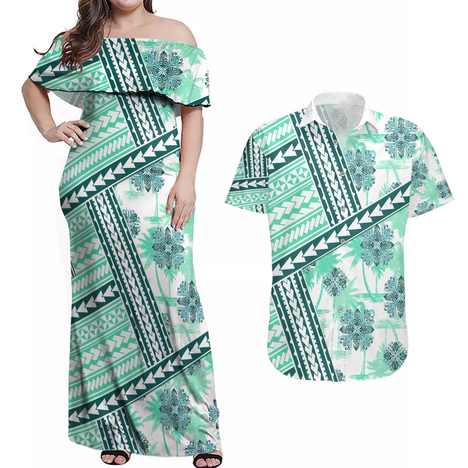 Hawaii Quilt Couples Matching Off Shoulder Maxi Dress and Hawaiian Shirt Kakau Polynesian Pattern Teal Version LT01 Teal - Polynesian Pride