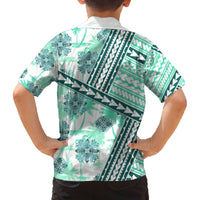 Hawaii Quilt Family Matching Off Shoulder Long Sleeve Dress and Hawaiian Shirt Kakau Polynesian Pattern Teal Version LT01 - Polynesian Pride