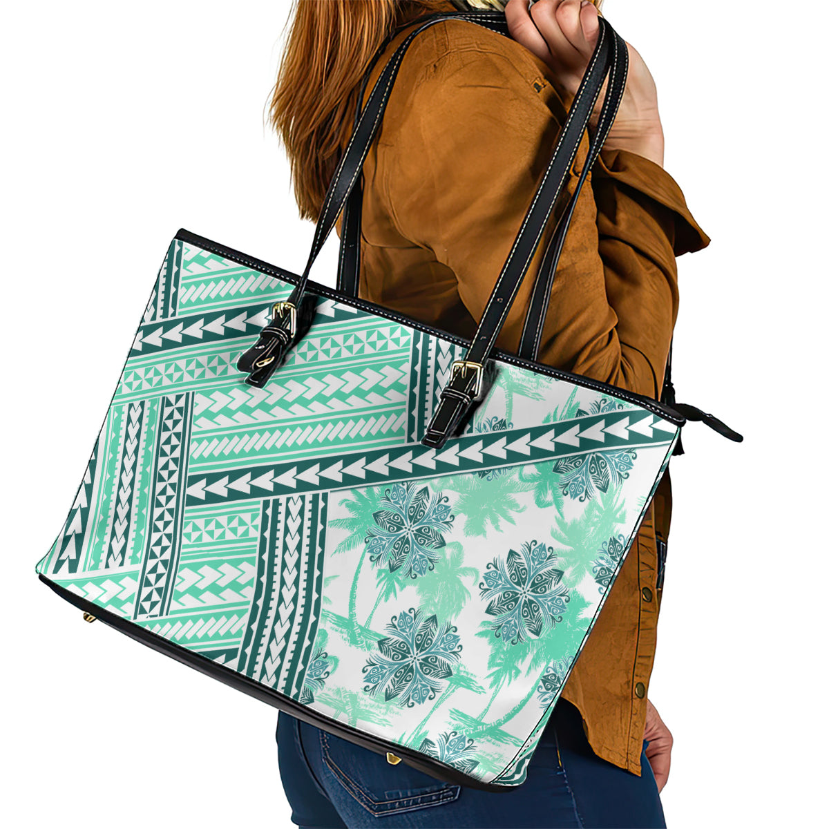 Hawaii Quilt Leather Tote Bag Kakau Polynesian Pattern Teal Version LT01 - Polynesian Pride