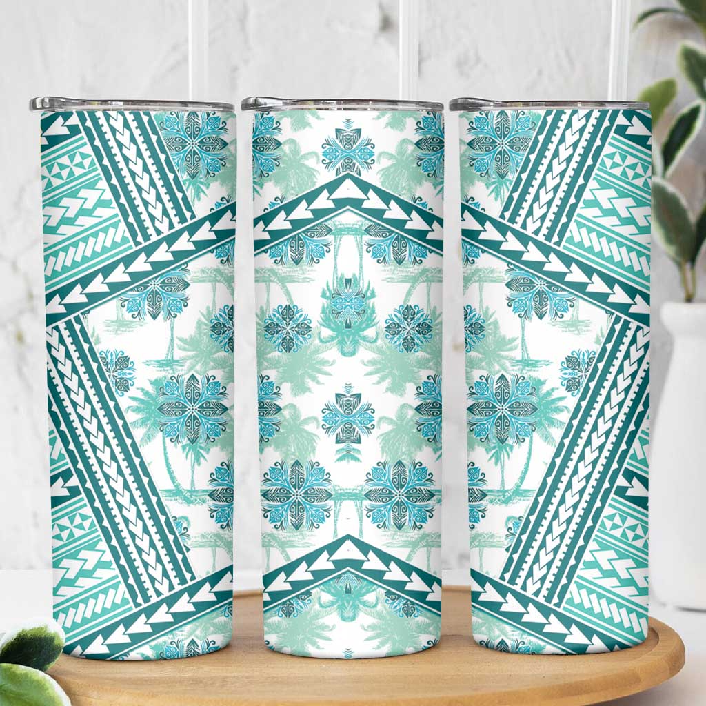 Hawaii Quilt Skinny Tumbler Kakau Polynesian Pattern Teal Version
