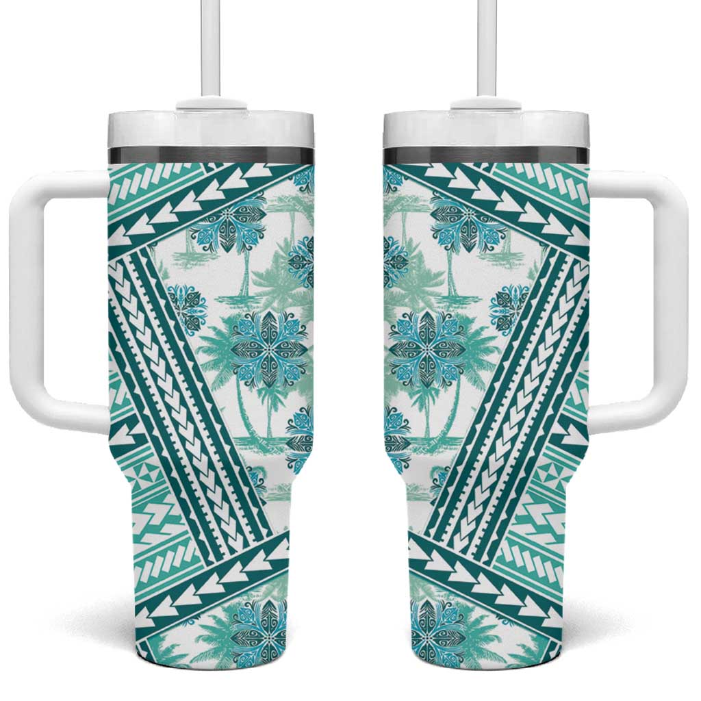 Hawaii Quilt Tumbler With Handle Kakau Polynesian Pattern Teal Version