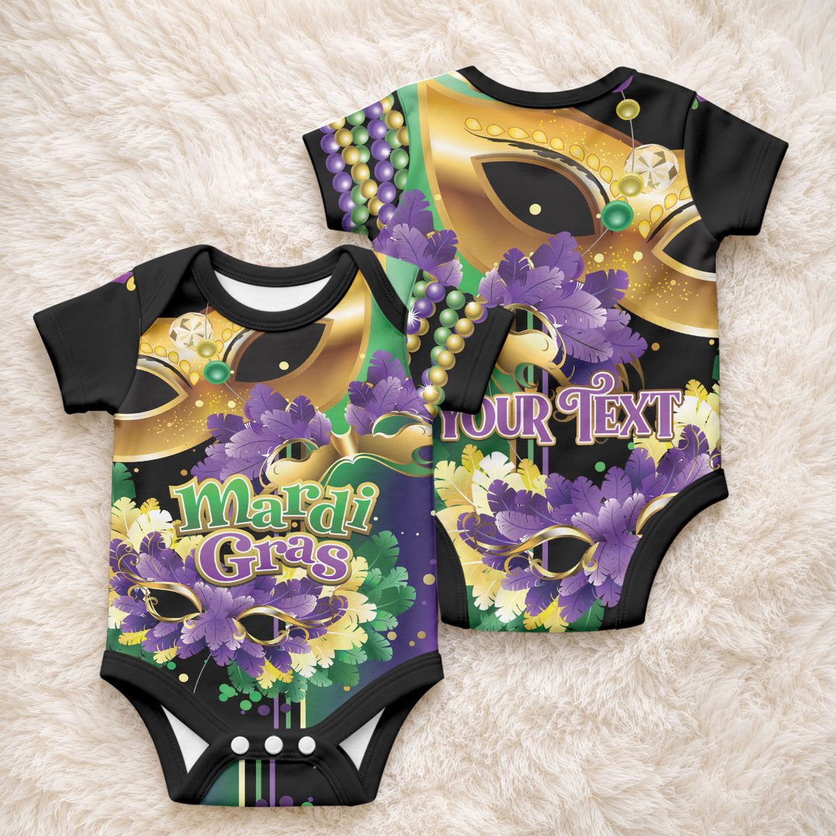 Personalized Mardi Gras Baby Onesie Carnival Feathers Masks LT01 - Polynesian Pride