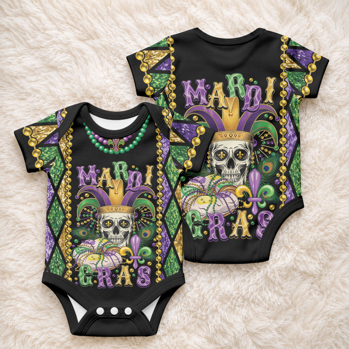 Mardi Gras Skull Baby Onesie Beads Fleur De Lis LT01 - Polynesian Pride