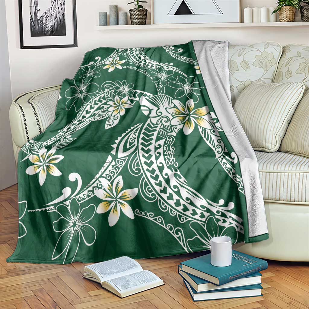Polynesian Hawaiian Plumeria Tribal Pattern Blanket Green Version