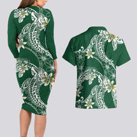 Polynesian Hawaiian Plumeria Tribal Pattern Couples Matching Long Sleeve Bodycon Dress and Hawaiian Shirt Green Version