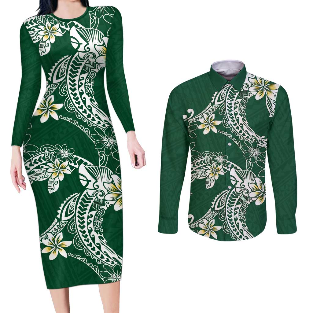 Polynesian Hawaiian Plumeria Tribal Pattern Couples Matching Long Sleeve Bodycon Dress and Long Sleeve Button Shirt Green Version
