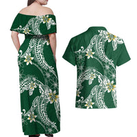 Polynesian Hawaiian Plumeria Tribal Pattern Couples Matching Off Shoulder Maxi Dress and Hawaiian Shirt Green Version