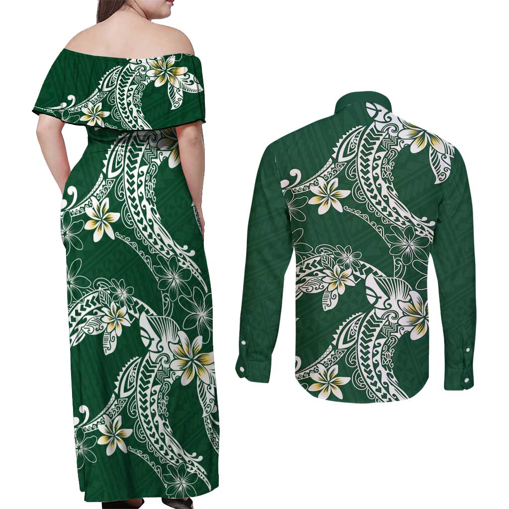 Polynesian Hawaiian Plumeria Tribal Pattern Couples Matching Off Shoulder Maxi Dress and Long Sleeve Button Shirt Green Version