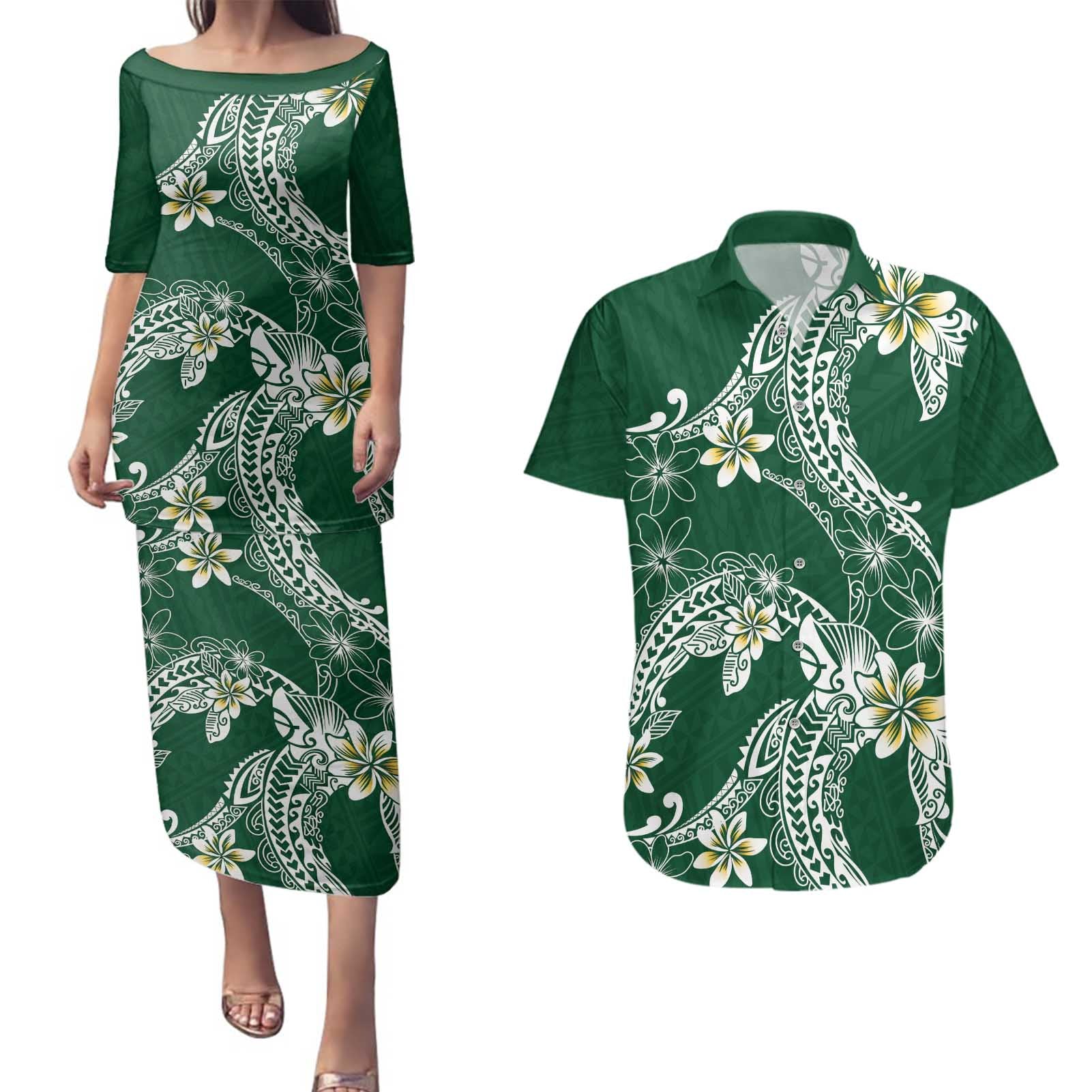 Polynesian Hawaiian Plumeria Tribal Pattern Couples Matching Puletasi and Hawaiian Shirt Green Version