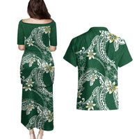 Polynesian Hawaiian Plumeria Tribal Pattern Couples Matching Puletasi and Hawaiian Shirt Green Version
