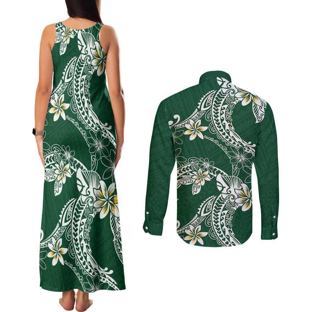 Polynesian Hawaiian Plumeria Tribal Pattern Couples Matching Tank Maxi Dress and Long Sleeve Button Shirt Green Version