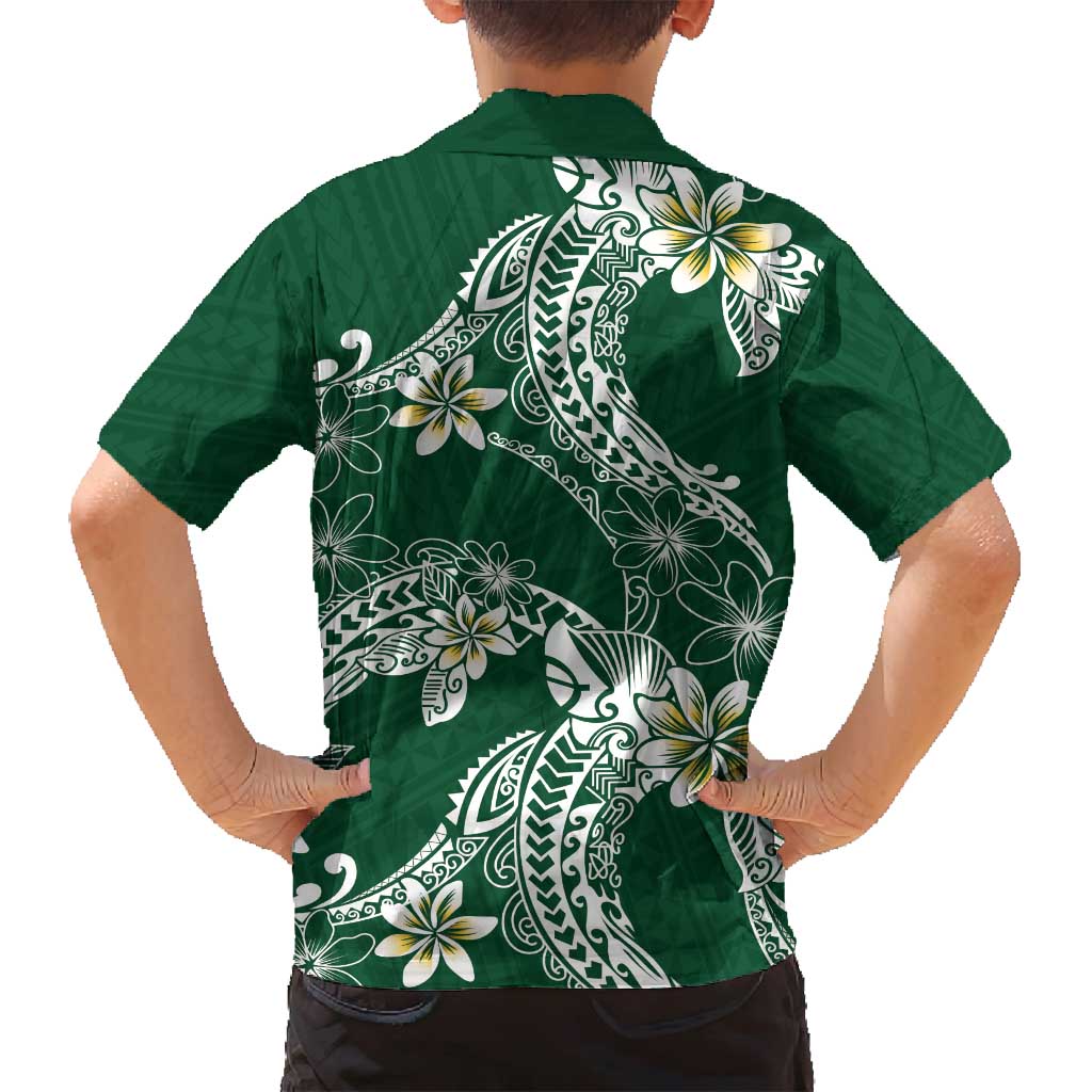 Polynesian Hawaiian Plumeria Tribal Pattern Family Matching Long Sleeve Bodycon Dress and Hawaiian Shirt Green Version LT01 - Polynesian Pride