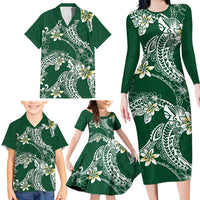 Polynesian Hawaiian Plumeria Tribal Pattern Family Matching Long Sleeve Bodycon Dress and Hawaiian Shirt Green Version LT01 - Polynesian Pride