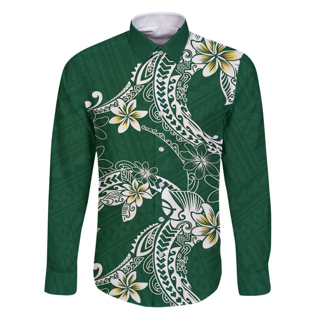 Polynesian Hawaiian Plumeria Tribal Pattern Family Matching Long Sleeve Bodycon Dress and Hawaiian Shirt Green Version LT01 Dad's Shirt - Long Sleeve Green - Polynesian Pride