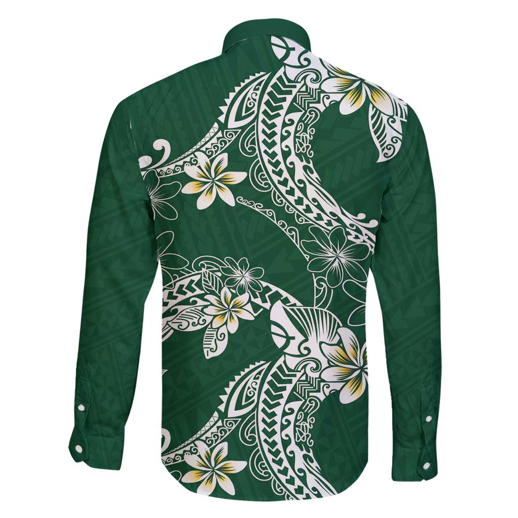 Polynesian Hawaiian Plumeria Tribal Pattern Family Matching Long Sleeve Bodycon Dress and Hawaiian Shirt Green Version LT01 - Polynesian Pride