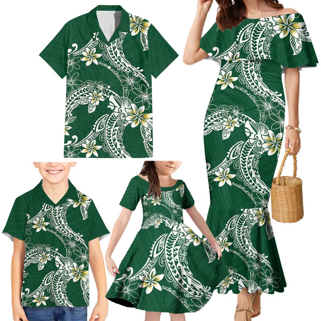 Polynesian Hawaiian Plumeria Tribal Pattern Family Matching Mermaid Dress and Hawaiian Shirt Green Version