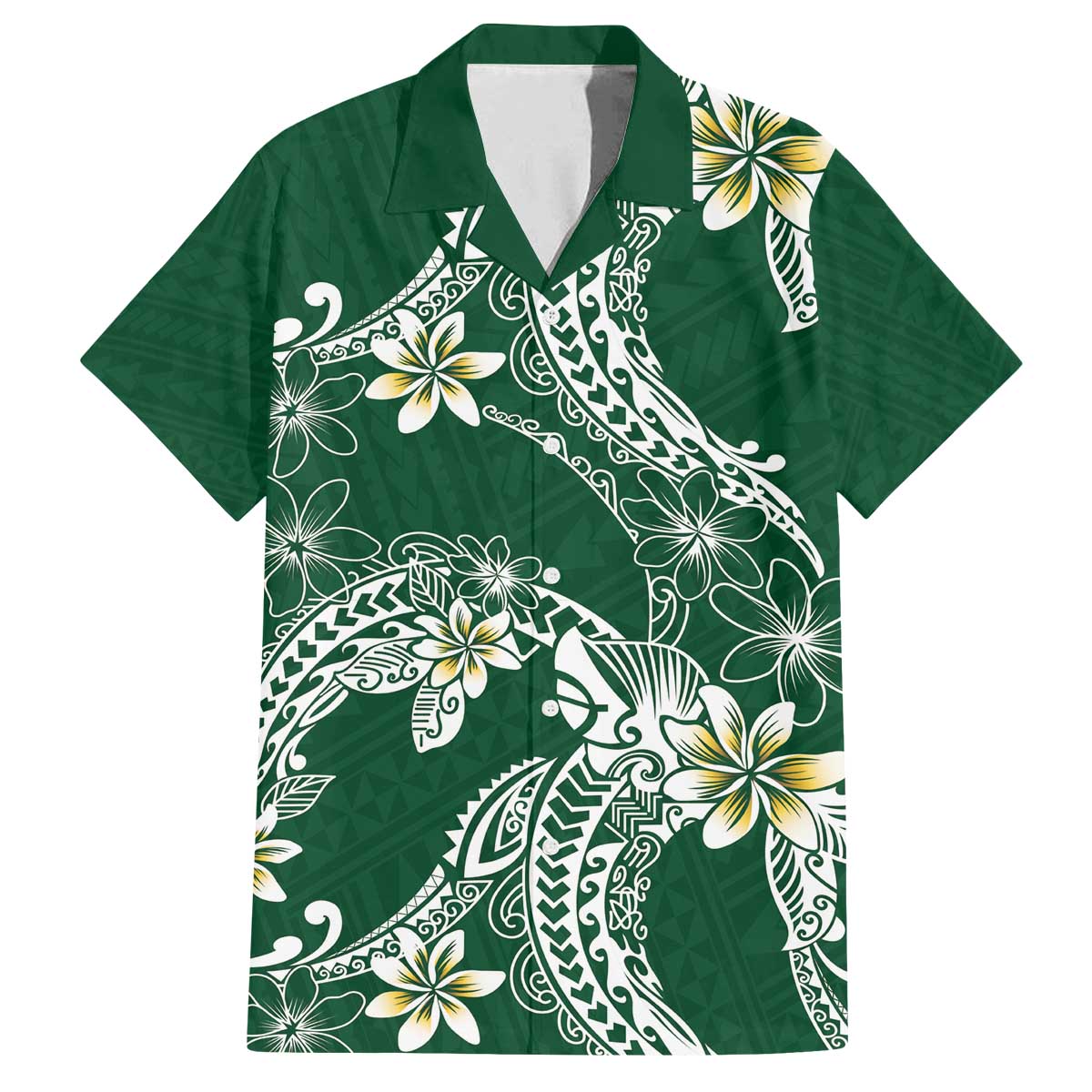 Polynesian Hawaiian Plumeria Tribal Pattern Family Matching Off The Shoulder Long Sleeve Dress and Hawaiian Shirt Green Version