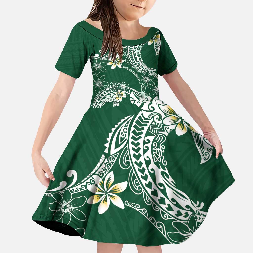 Polynesian Hawaiian Plumeria Tribal Pattern Family Matching Off Shoulder Maxi Dress and Hawaiian Shirt Green Version