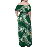 Polynesian Hawaiian Plumeria Tribal Pattern Family Matching Off Shoulder Maxi Dress and Hawaiian Shirt Green Version