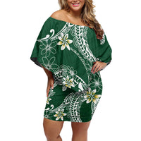 Polynesian Hawaiian Plumeria Tribal Pattern Family Matching Off Shoulder Short Dress and Hawaiian Shirt Green Version