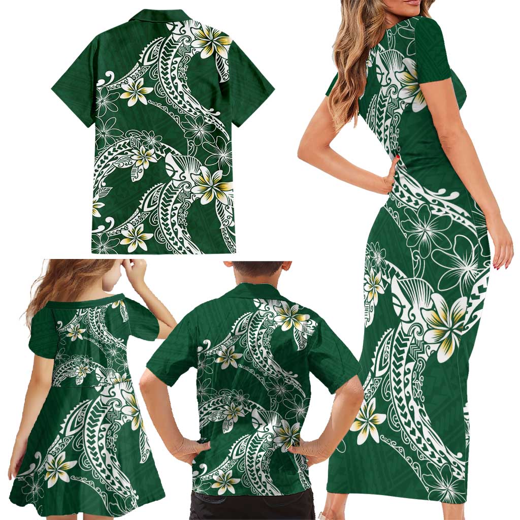 Polynesian Hawaiian Plumeria Tribal Pattern Family Matching Short Sleeve Bodycon Dress and Hawaiian Shirt Green Version LT01 - Polynesian Pride