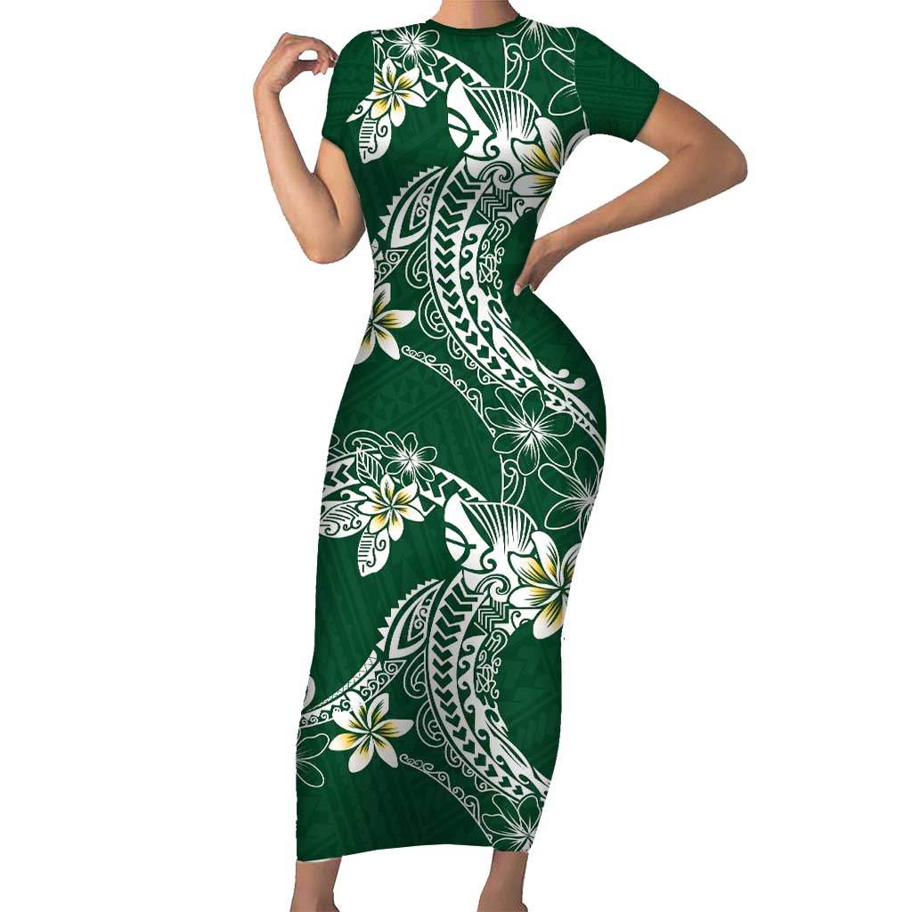 Polynesian Hawaiian Plumeria Tribal Pattern Family Matching Short Sleeve Bodycon Dress and Hawaiian Shirt Green Version LT01 Mom's Dress Green - Polynesian Pride