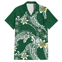 Polynesian Hawaiian Plumeria Tribal Pattern Family Matching Summer Maxi Dress and Hawaiian Shirt Green Version
