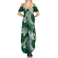 Polynesian Hawaiian Plumeria Tribal Pattern Family Matching Summer Maxi Dress and Hawaiian Shirt Green Version