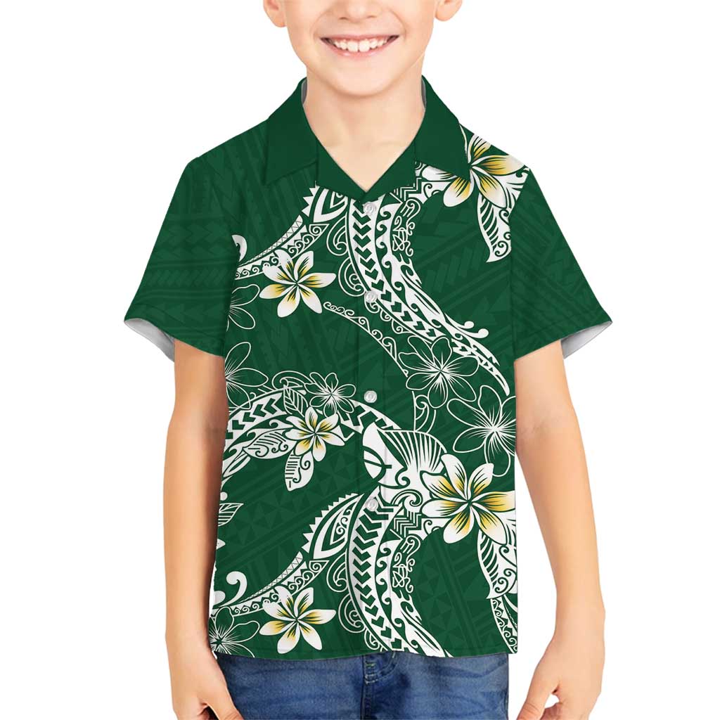 Polynesian Hawaiian Plumeria Tribal Pattern Family Matching Summer Maxi Dress and Hawaiian Shirt Green Version