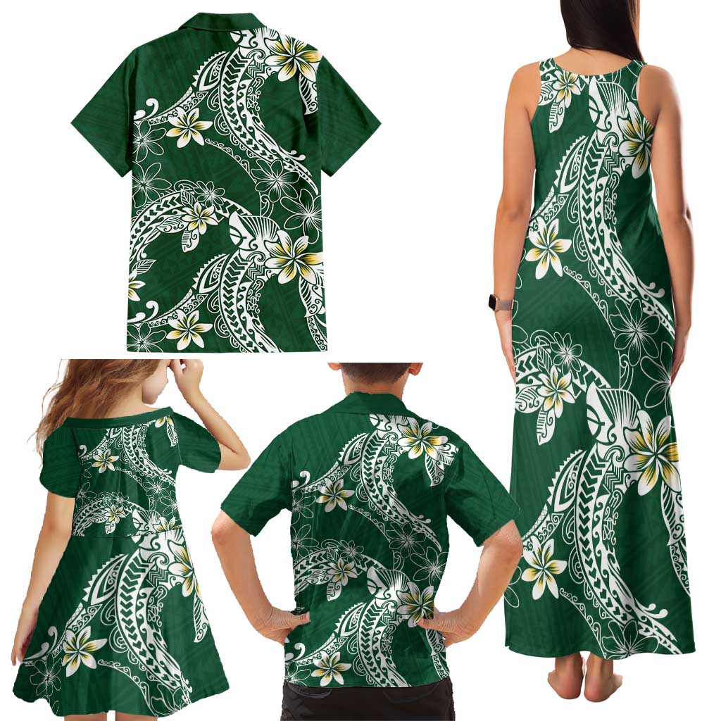 Polynesian Hawaiian Plumeria Tribal Pattern Family Matching Tank Maxi Dress and Hawaiian Shirt Green Version