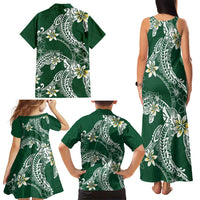 Polynesian Hawaiian Plumeria Tribal Pattern Family Matching Tank Maxi Dress and Hawaiian Shirt Green Version