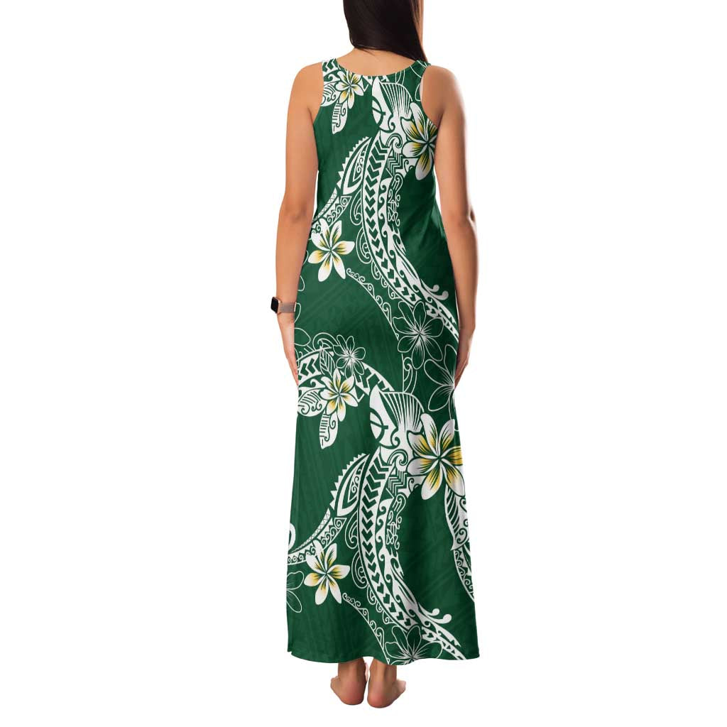 Polynesian Hawaiian Plumeria Tribal Pattern Family Matching Tank Maxi Dress and Hawaiian Shirt Green Version