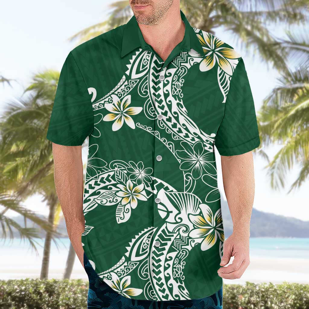 Polynesian Hawaiian Plumeria Tribal Pattern Hawaiian Shirt Green Version