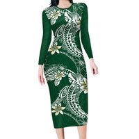 Polynesian Hawaiian Plumeria Tribal Pattern Long Sleeve Bodycon Dress Green Version