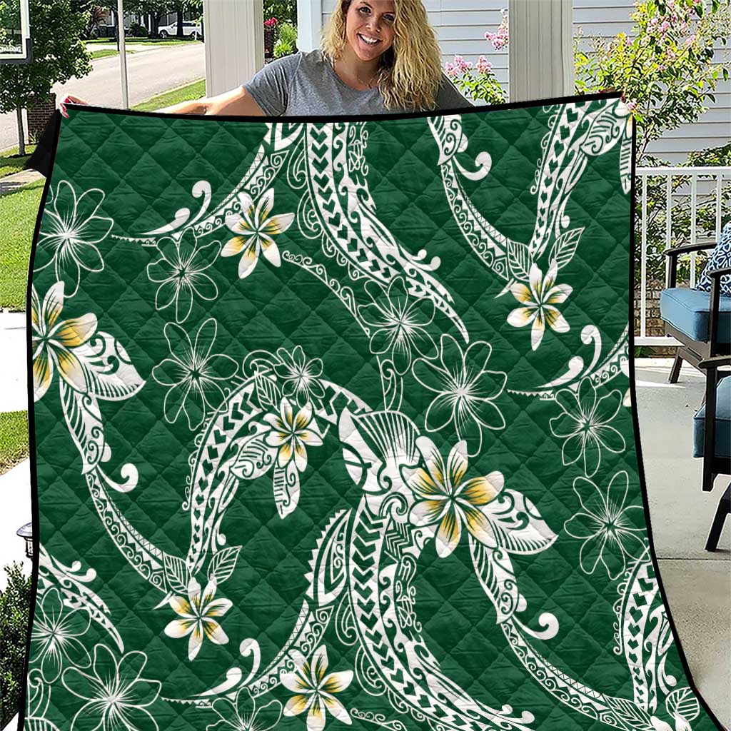 Polynesian Hawaiian Plumeria Tribal Pattern Quilt Green Version