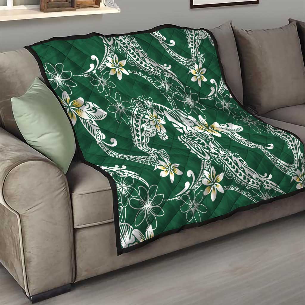 Polynesian Hawaiian Plumeria Tribal Pattern Quilt Green Version