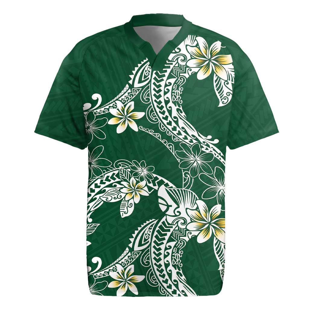 Polynesian Hawaiian Plumeria Tribal Pattern Rugby Jersey Green Version