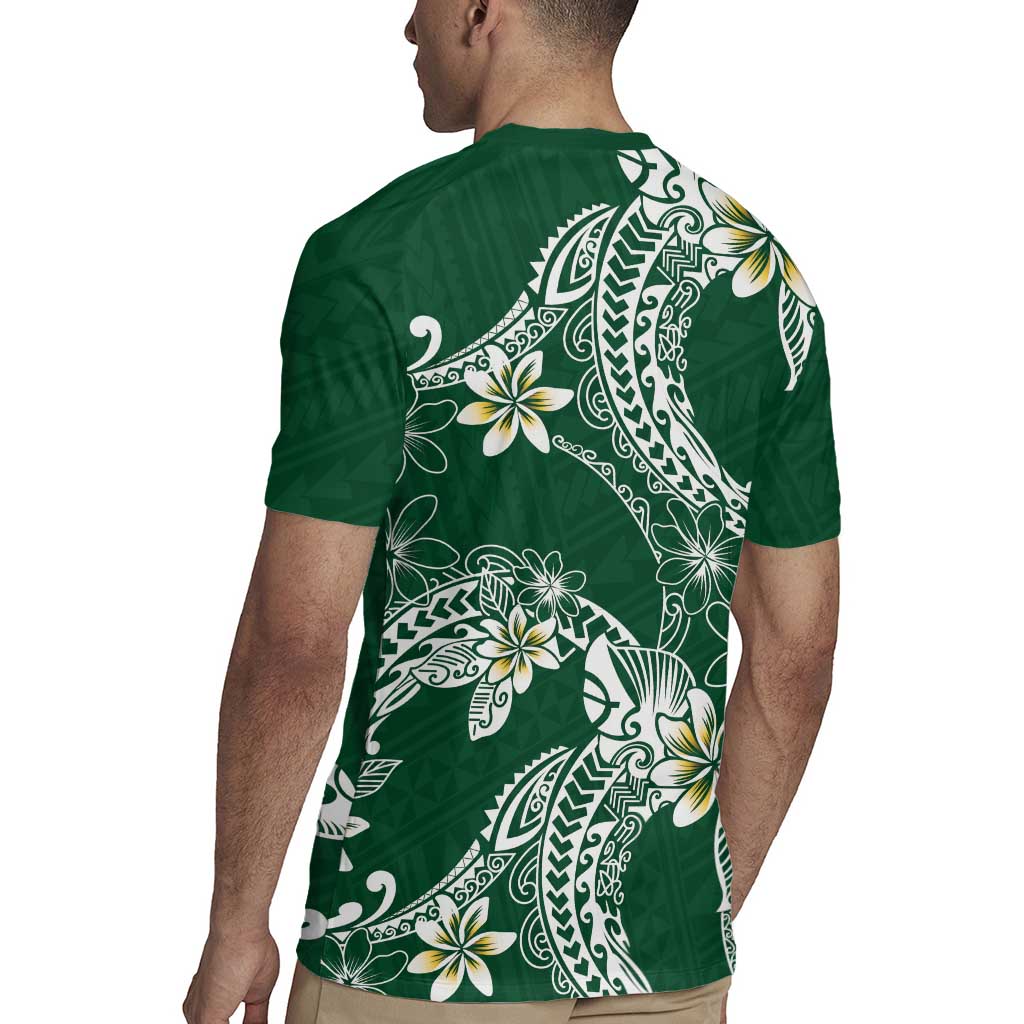 Polynesian Hawaiian Plumeria Tribal Pattern Rugby Jersey Green Version