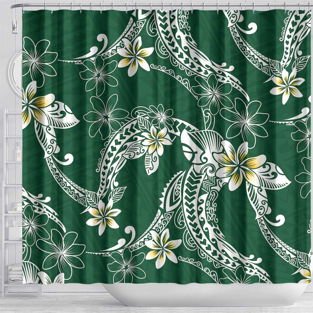 Polynesian Hawaiian Plumeria Tribal Pattern Shower Curtain Green Version