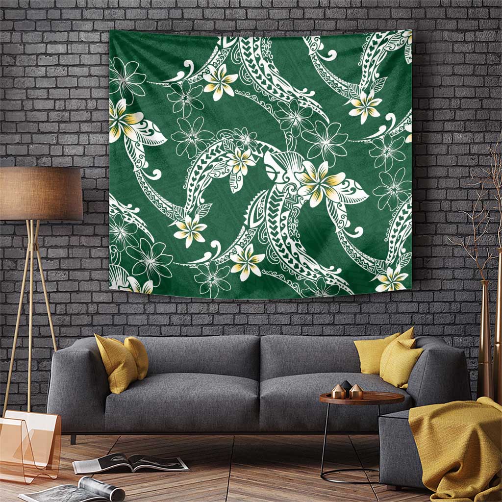 Polynesian Hawaiian Plumeria Tribal Pattern Tapestry Green Version