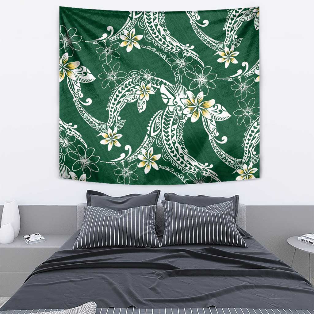 Polynesian Hawaiian Plumeria Tribal Pattern Tapestry Green Version