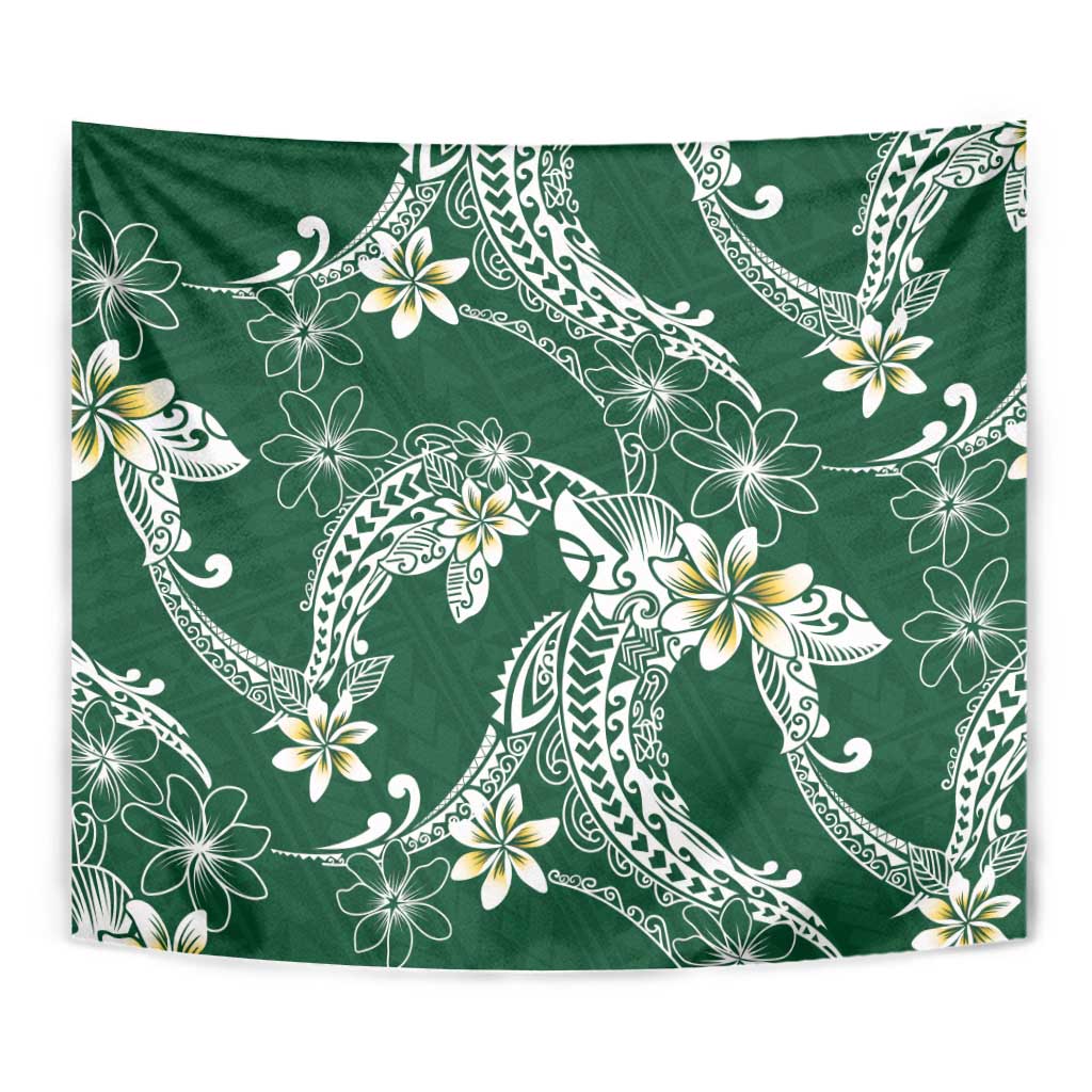 Polynesian Hawaiian Plumeria Tribal Pattern Tapestry Green Version
