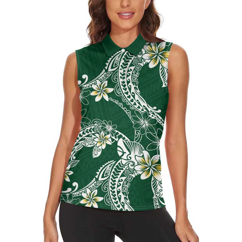 Polynesian Hawaiian Plumeria Tribal Pattern Women Sleeveless Polo Shirt Green Version