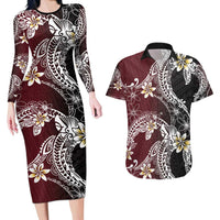 Polynesian Hawaiian Plumeria Tribal Pattern Couples Matching Long Sleeve Bodycon Dress and Hawaiian Shirt Special Wine Red Version